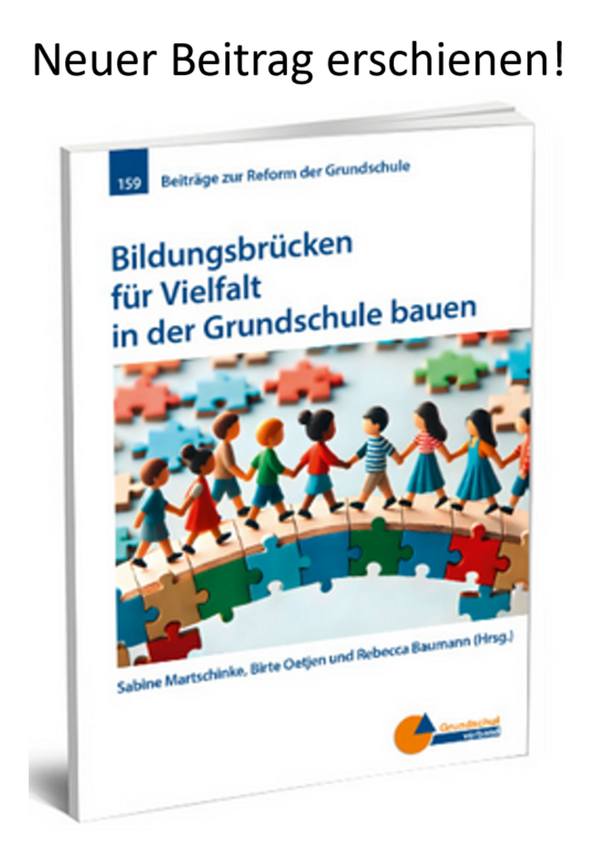 Foto des Buchs "Bildungsbrücken für Vielfalt in der Grundschule bauen" mit der zusätzlichen Überschriften "Neuer Beitrag erschienen!"